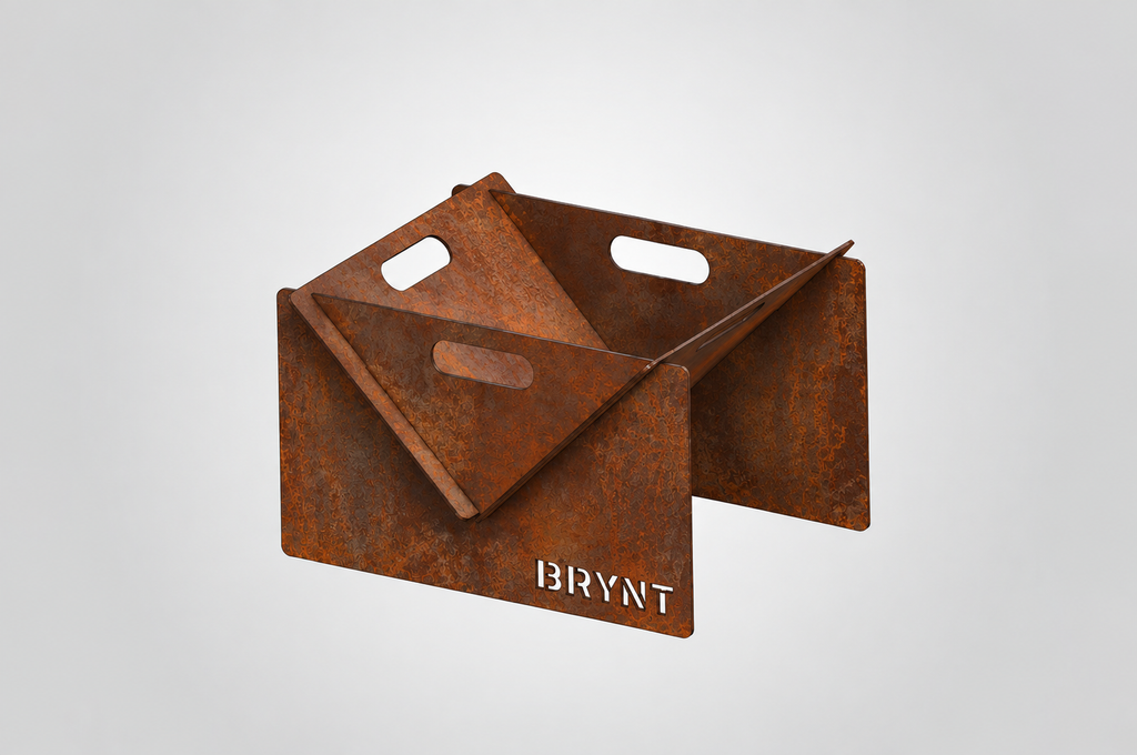 BRYNT Compact flat-pack fire pit with weathered finish