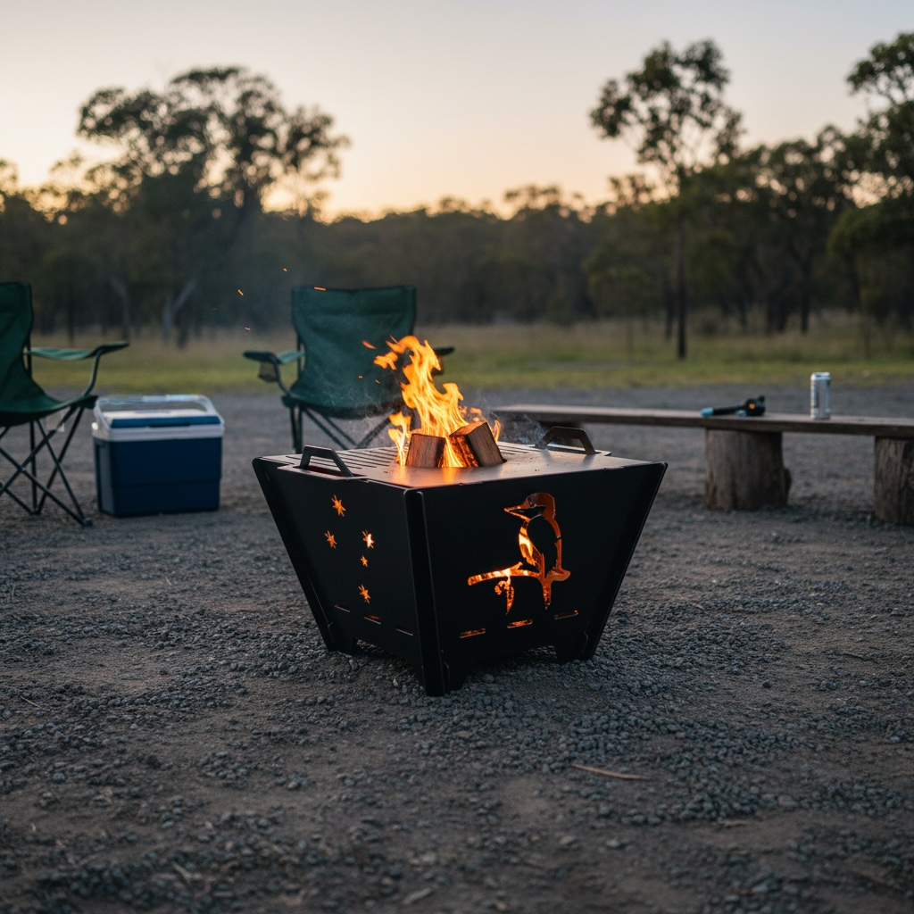 BRYNT APEX portable fire pit burning at an Australian campsite