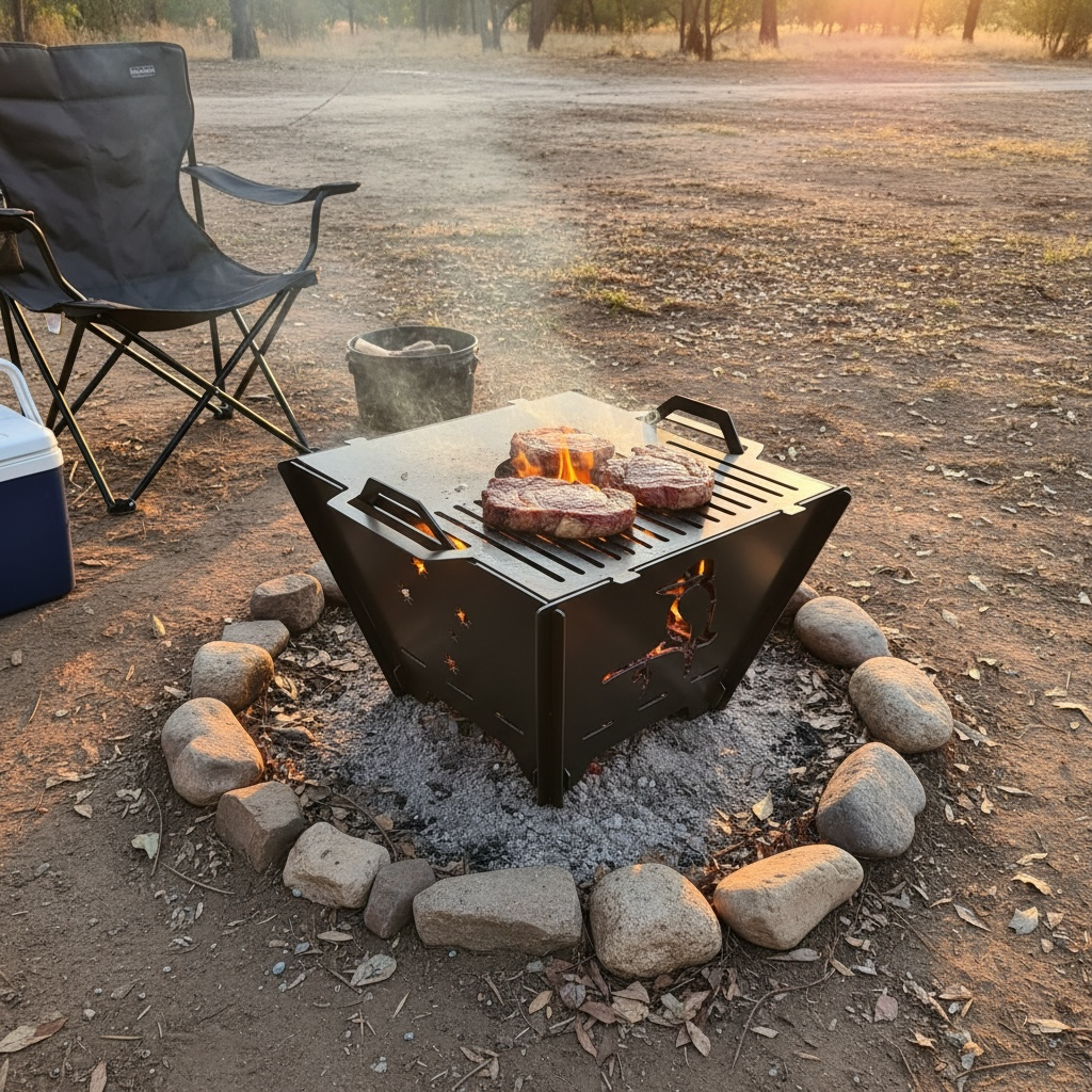 Steaks cooking on the BRYNT APEX fire pit grill plate