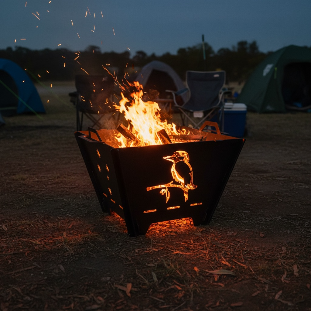 BRYNT APEX fire pit burning at night with Kookaburra design