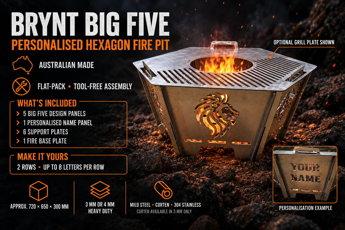 BRYNT Big Five personalised hexagon fire pit specifications, included parts and optional grill plate